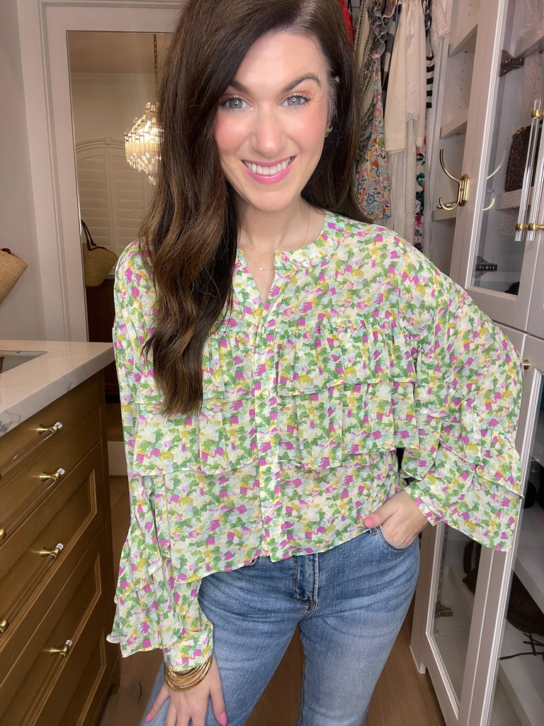The Kaleidoscope Ruffle Top in Green