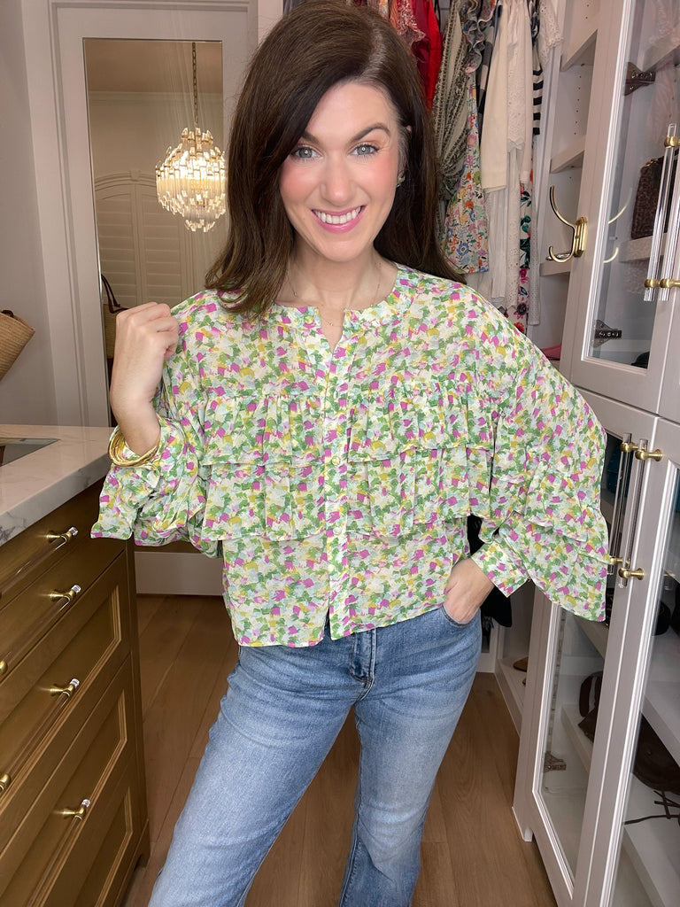 The Kaleidoscope Ruffle Top in Green
