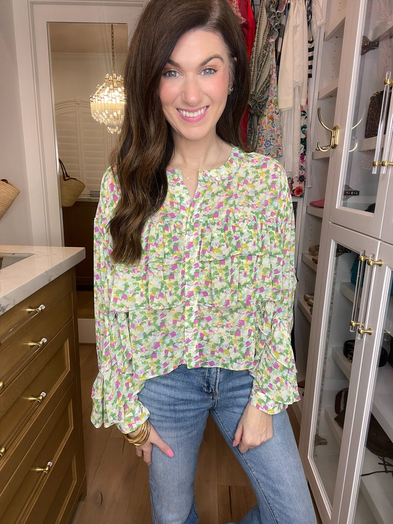 The Kaleidoscope Ruffle Top in Green