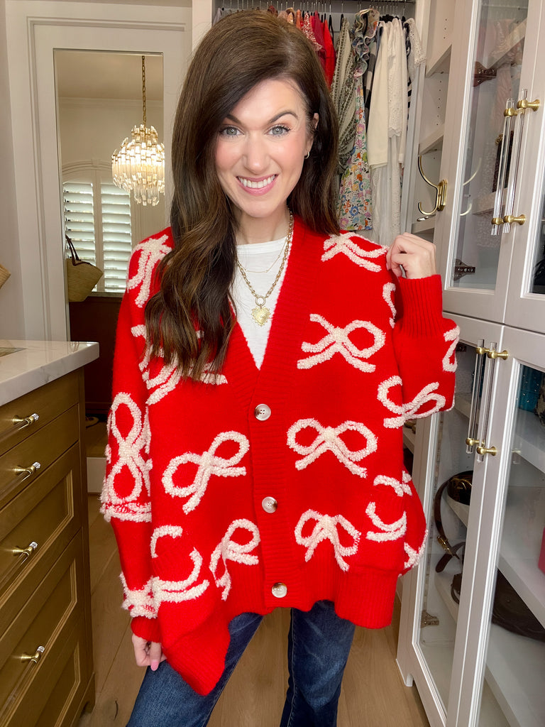 Bows & Bliss Cardigan in Red