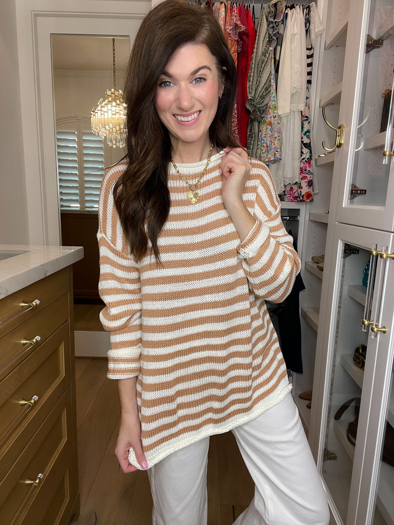 Seaside Breeze Sweater in Taupe/White