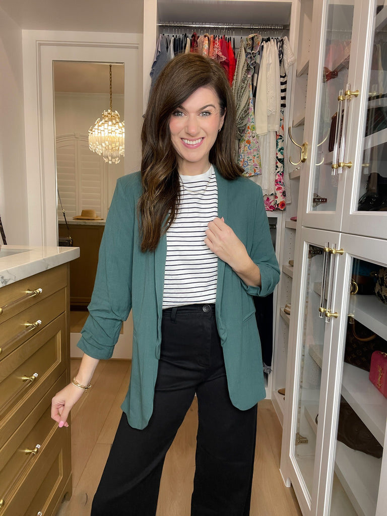 Jennings Linen Scrunch Sleeve Blazer in Teal