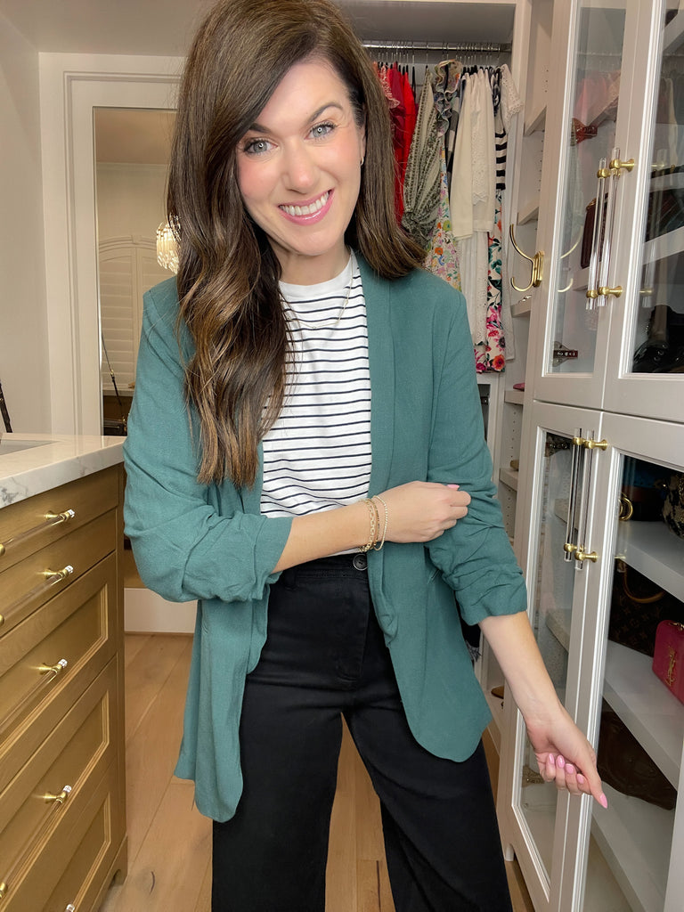 Jennings Linen Scrunch Sleeve Blazer in Teal