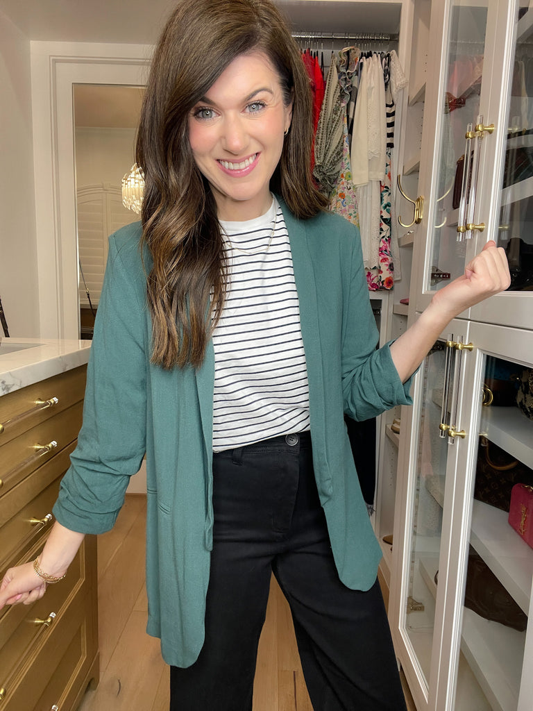 Jennings Linen Scrunch Sleeve Blazer in Teal