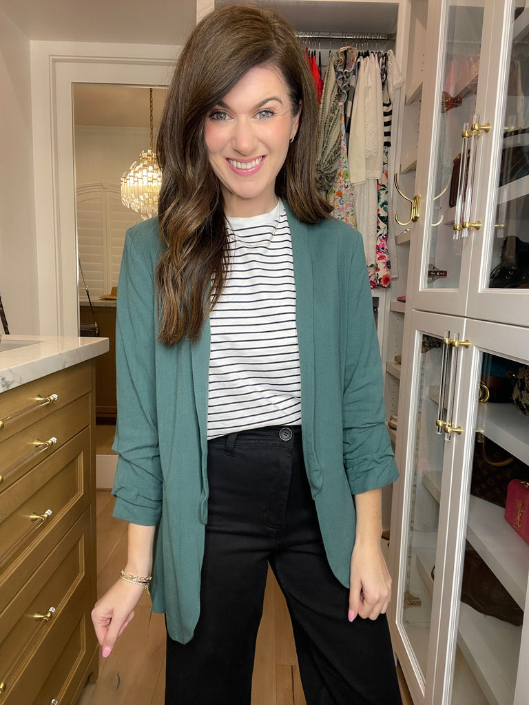 Jennings Linen Scrunch Sleeve Blazer in Teal