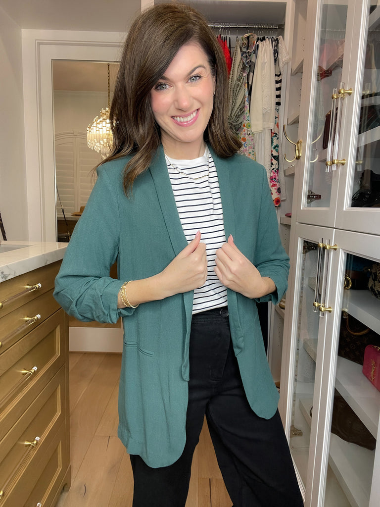 Jennings Linen Scrunch Sleeve Blazer in Teal