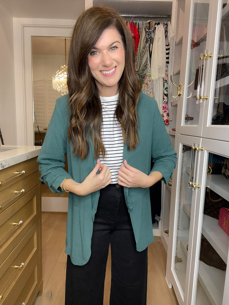 Jennings Linen Scrunch Sleeve Blazer in Teal