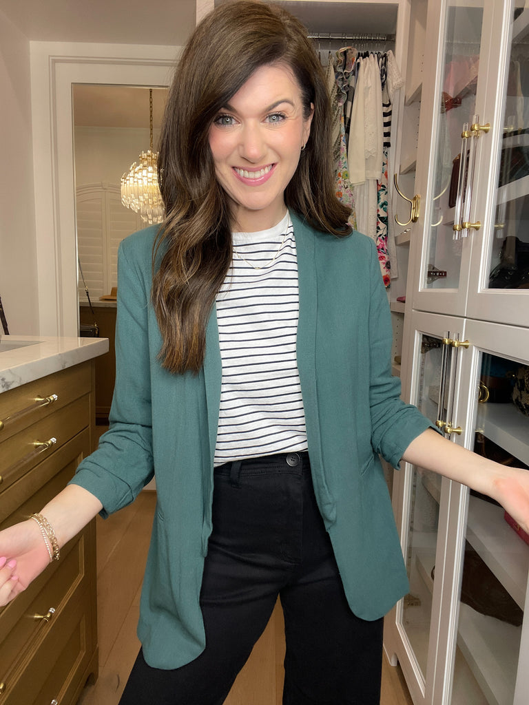 Jennings Linen Scrunch Sleeve Blazer in Teal