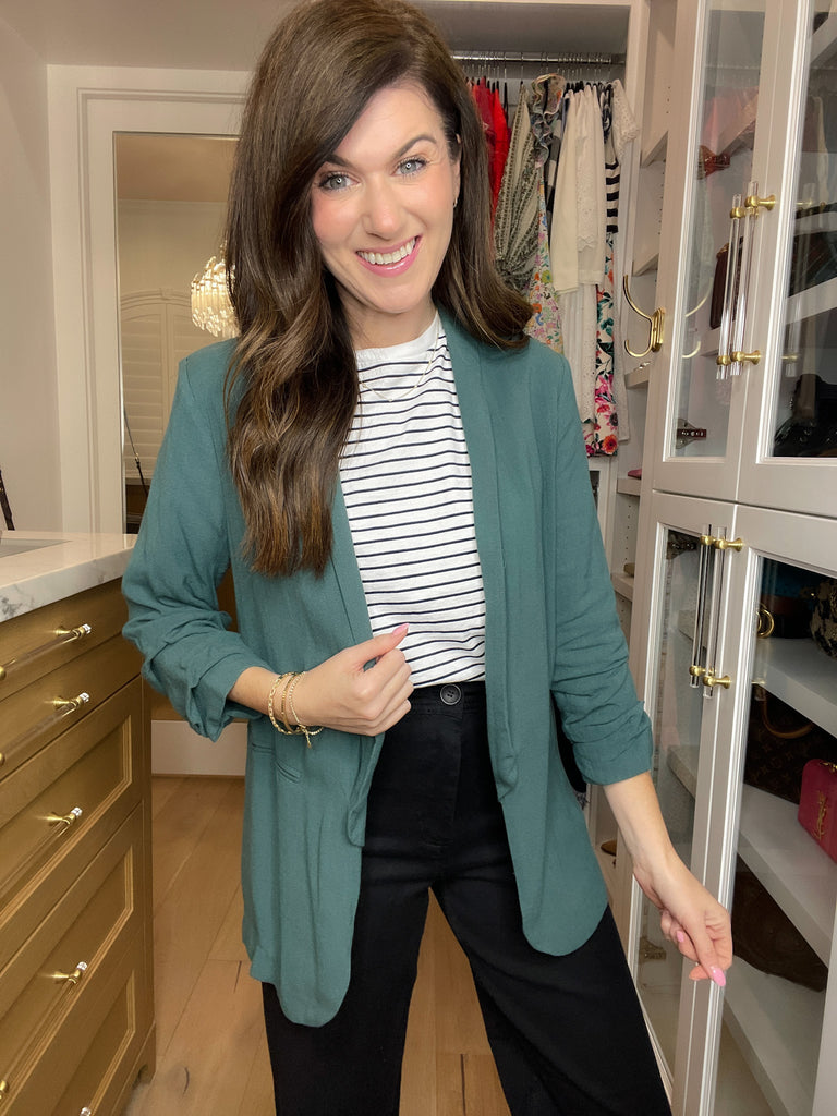 Jennings Linen Scrunch Sleeve Blazer in Teal