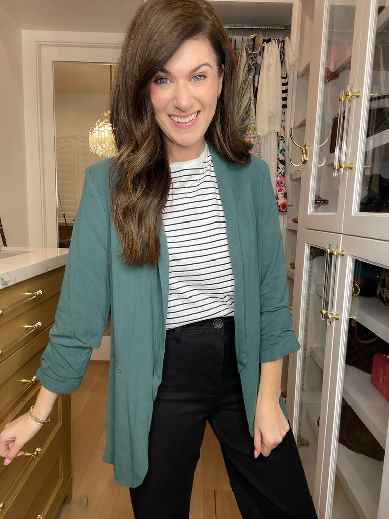 Jennings Linen Scrunch Sleeve Blazer in Teal