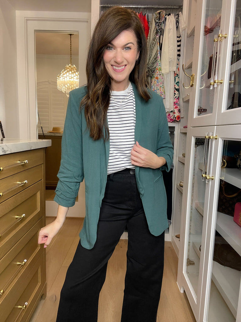 Jennings Linen Scrunch Sleeve Blazer in Teal