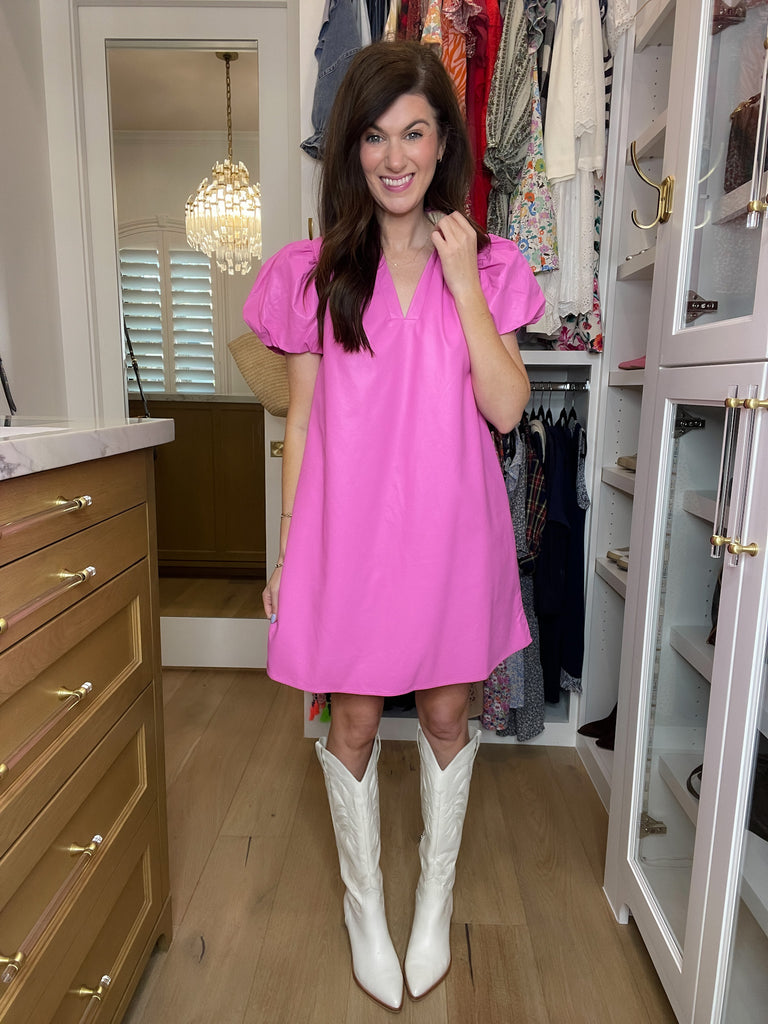 Talulah Leather Puff Sleeve Dress in Pink