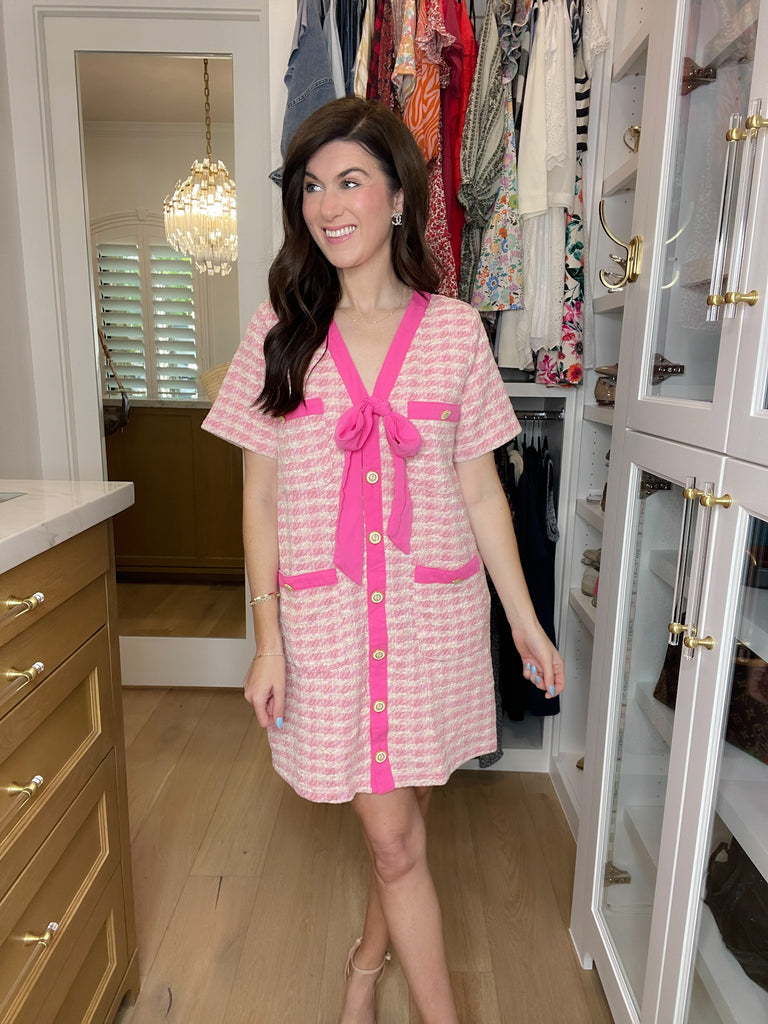Uptown Chic Tweed Dress in Pink