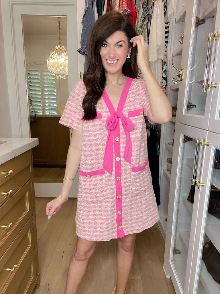 Uptown Chic Tweed Dress in Pink