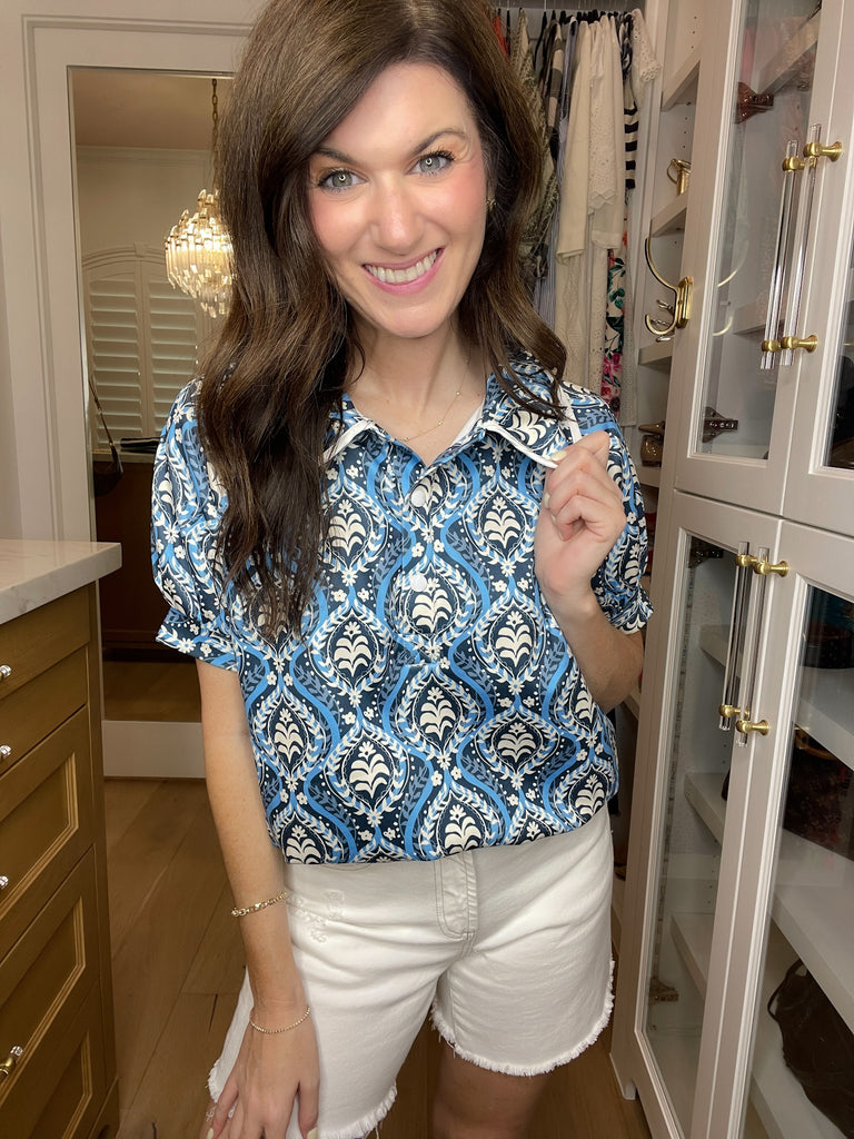 Blue Mosaic Collared Top