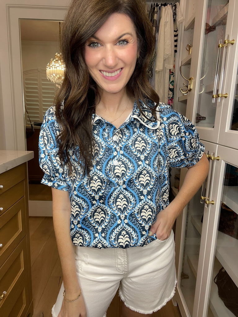 Blue Mosaic Collared Top