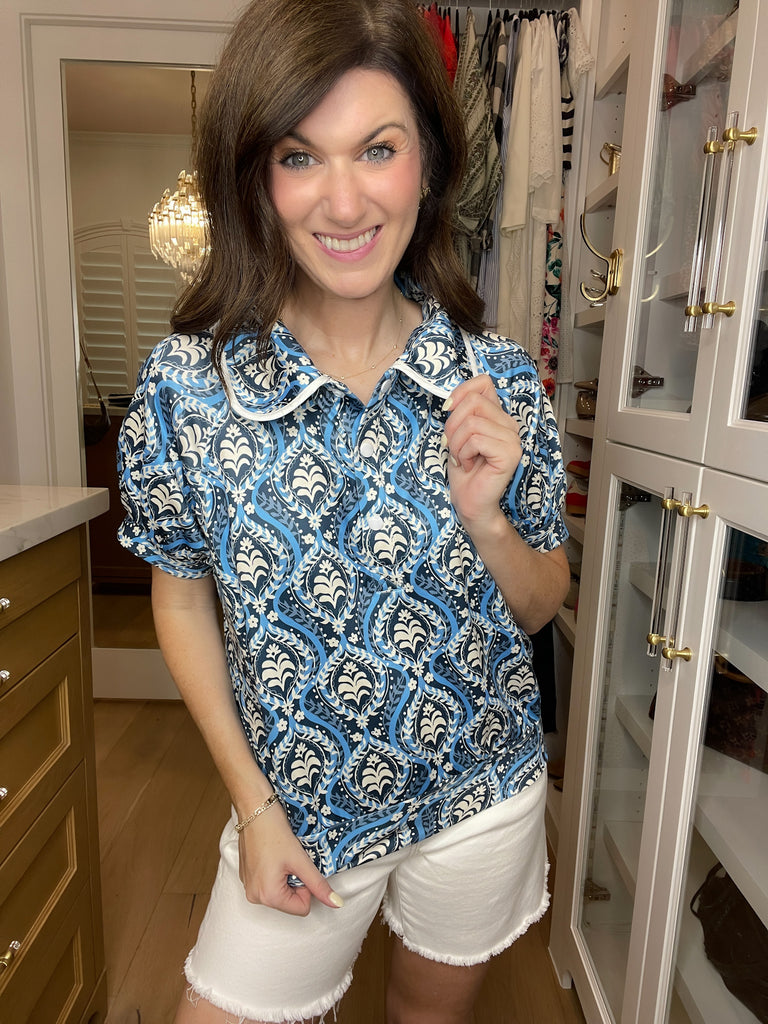 Blue Mosaic Collared Top