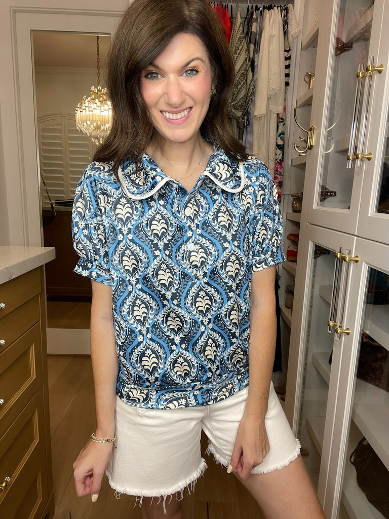 Blue Mosaic Collared Top