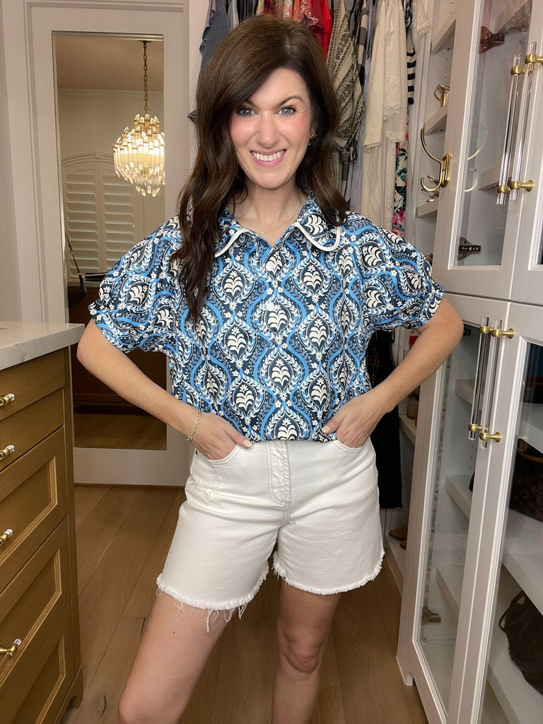 Blue Mosaic Collared Top