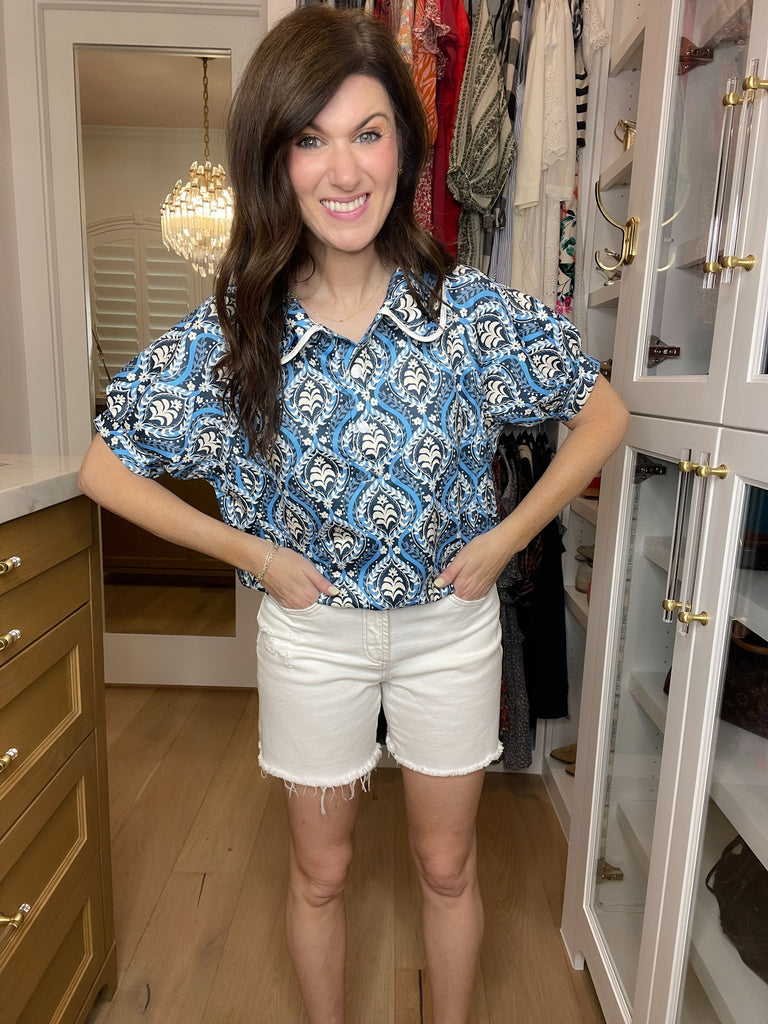 Blue Mosaic Collared Top