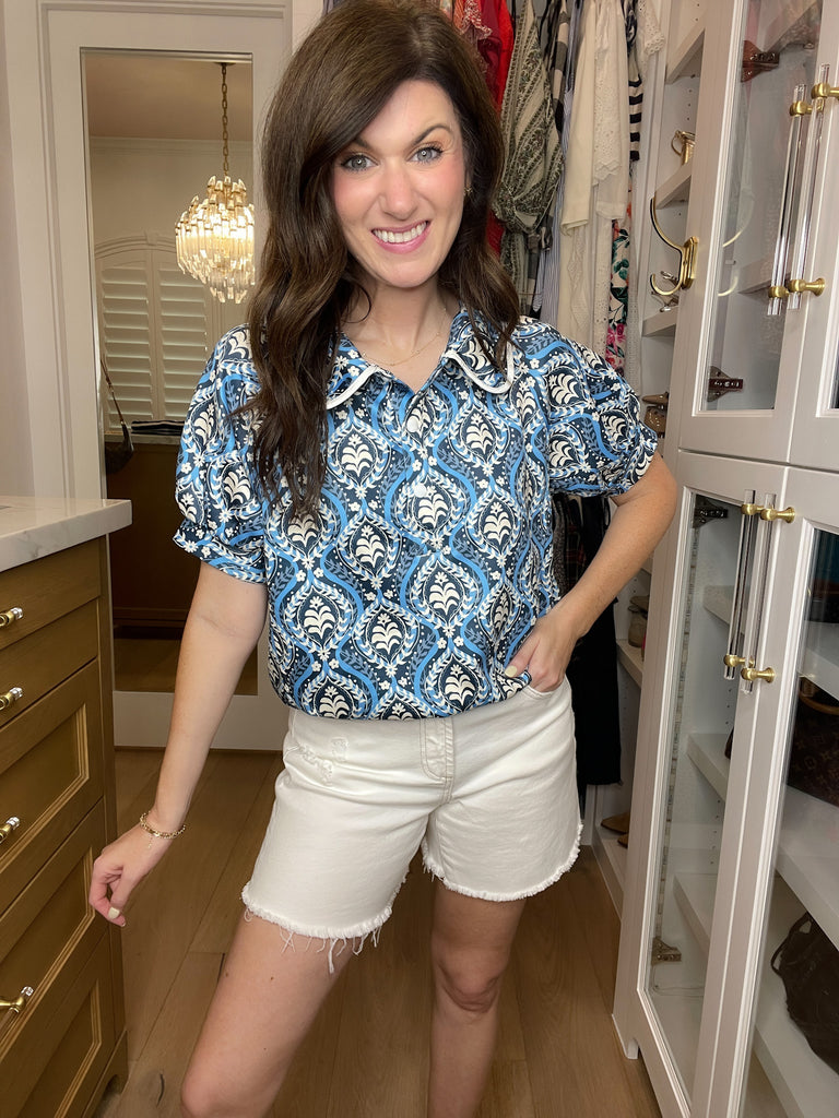 Blue Mosaic Collared Top