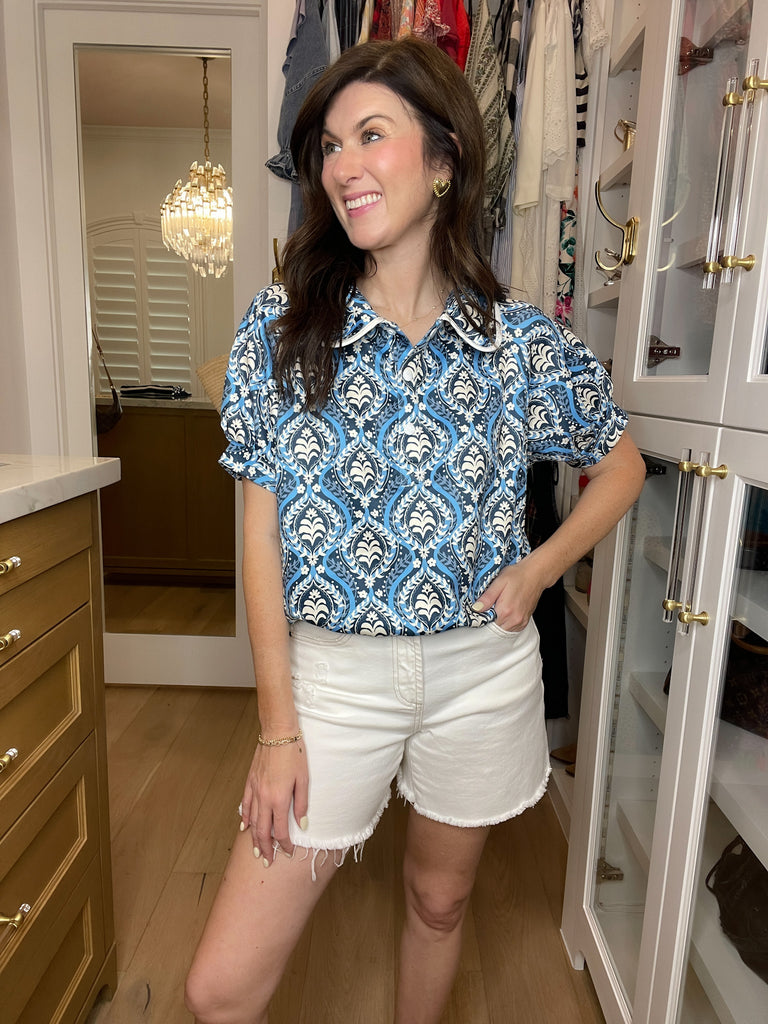 Blue Mosaic Collared Top