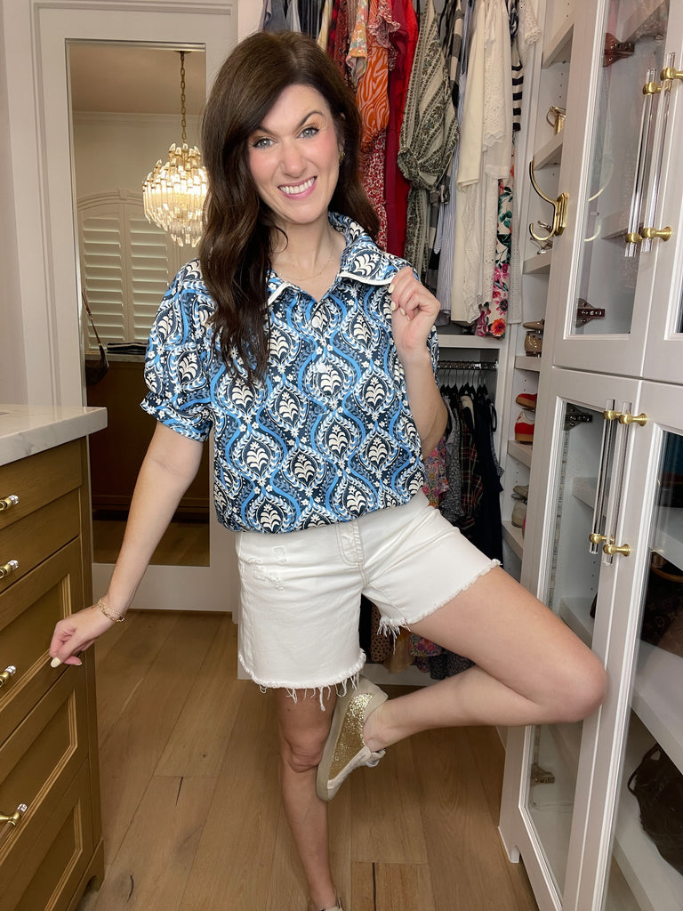 Blue Mosaic Collared Top