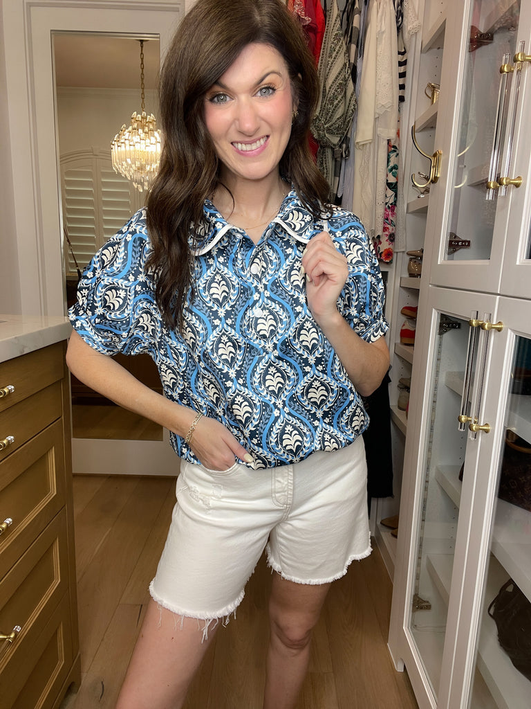 Blue Mosaic Collared Top