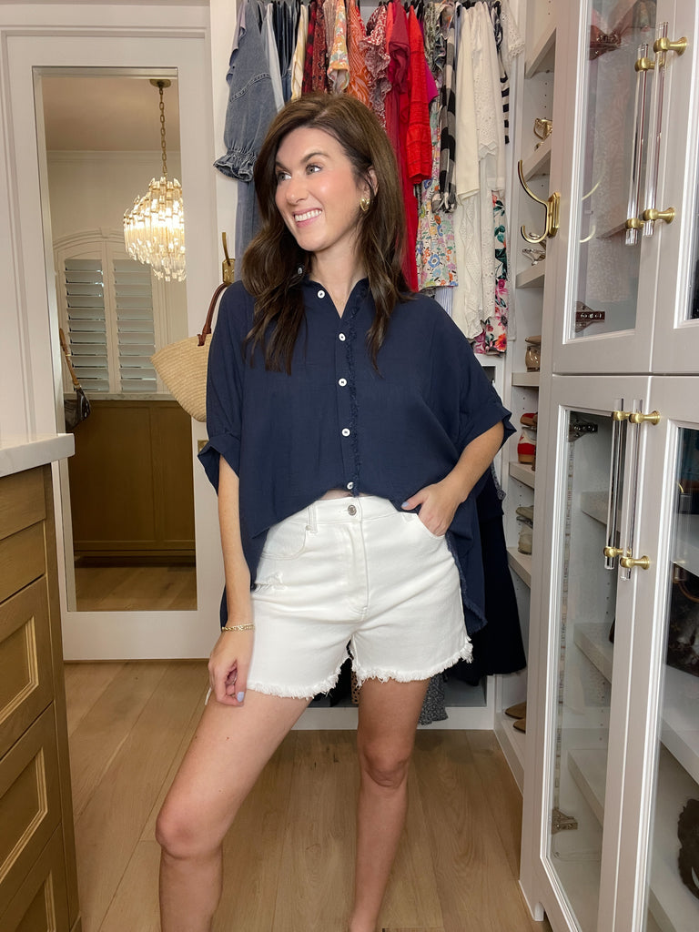 Seaside Blues Linen Button Down in Navy