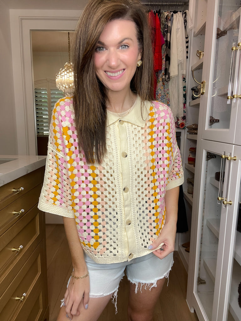 Summer Squares Crochet Button Down Shirt