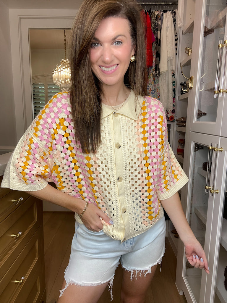 Summer Squares Crochet Button Down Shirt