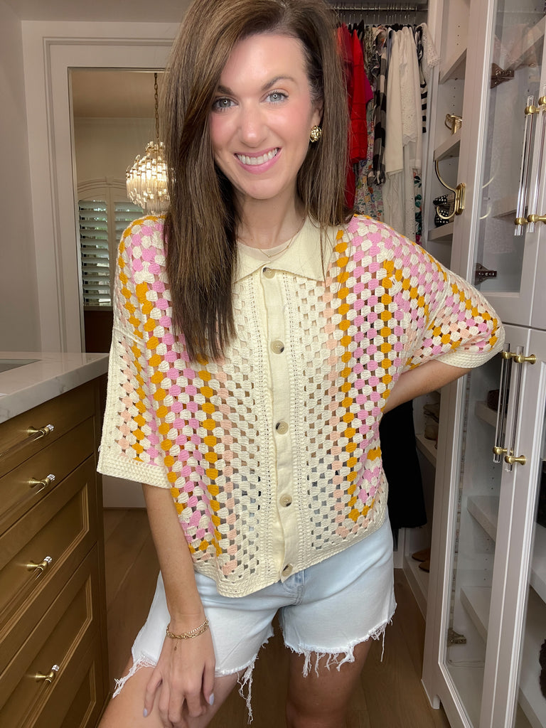 Summer Squares Crochet Button Down Shirt