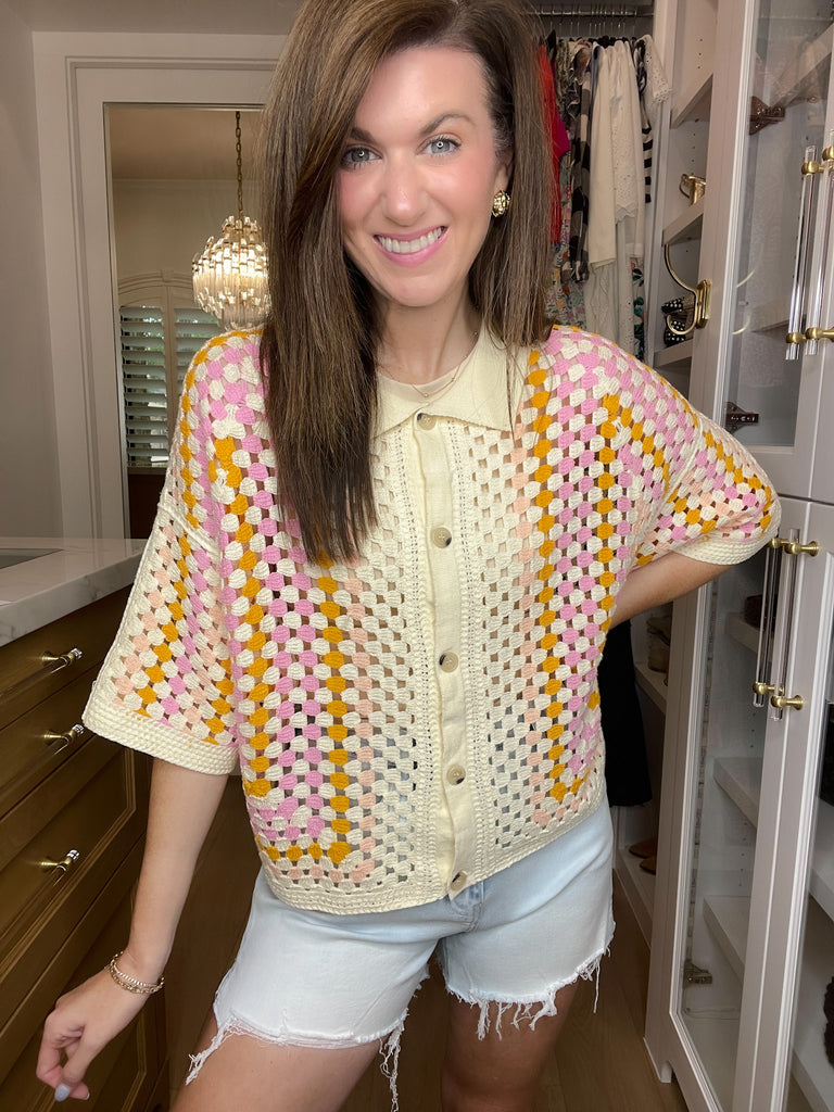 Summer Squares Crochet Button Down Shirt