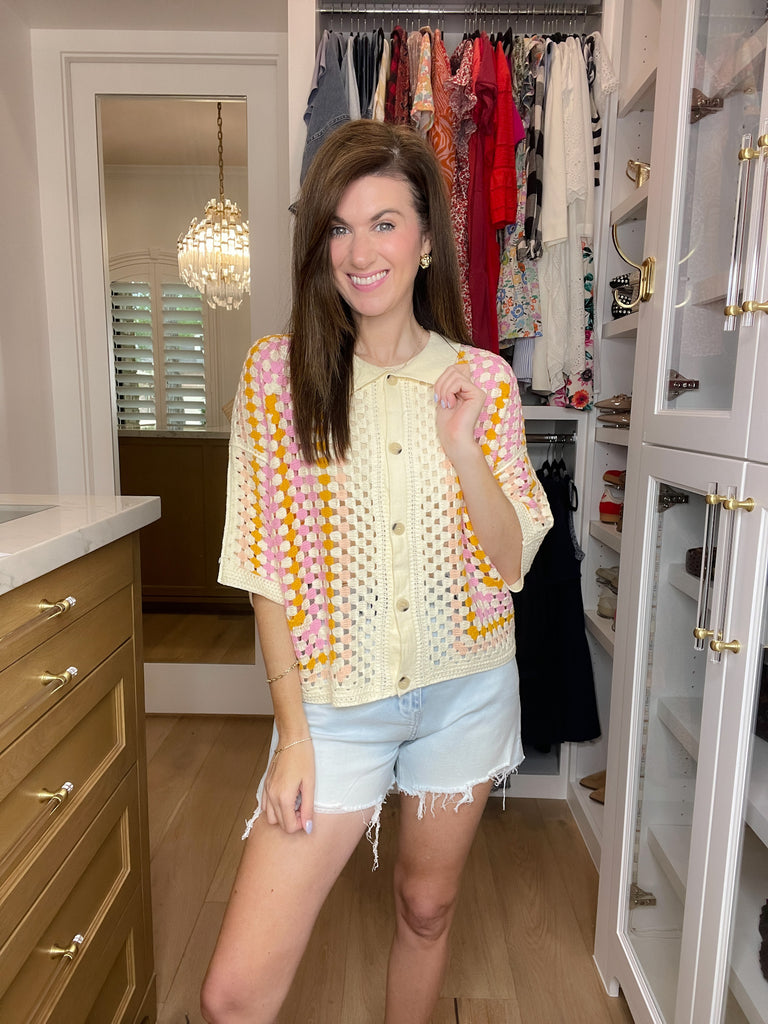 Summer Squares Crochet Button Down Shirt
