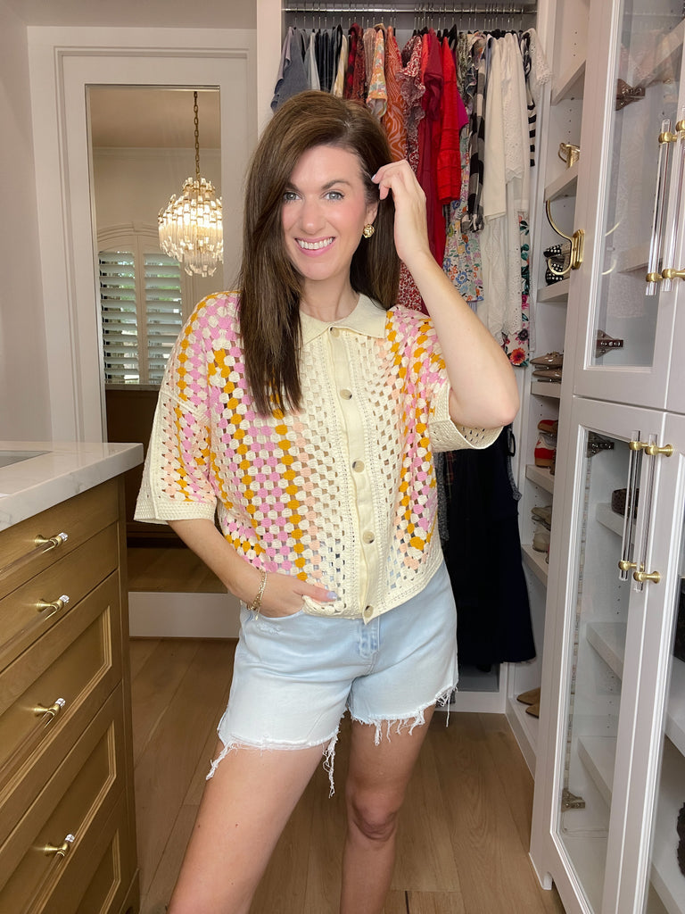 Summer Squares Crochet Button Down Shirt