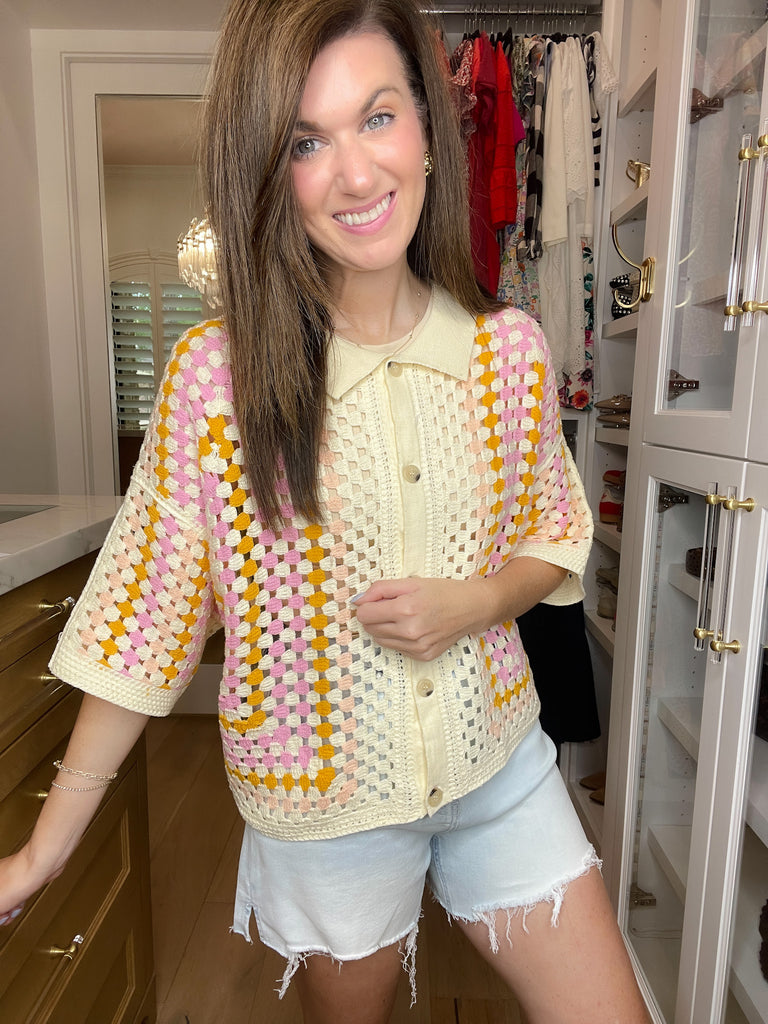 Summer Squares Crochet Button Down Shirt
