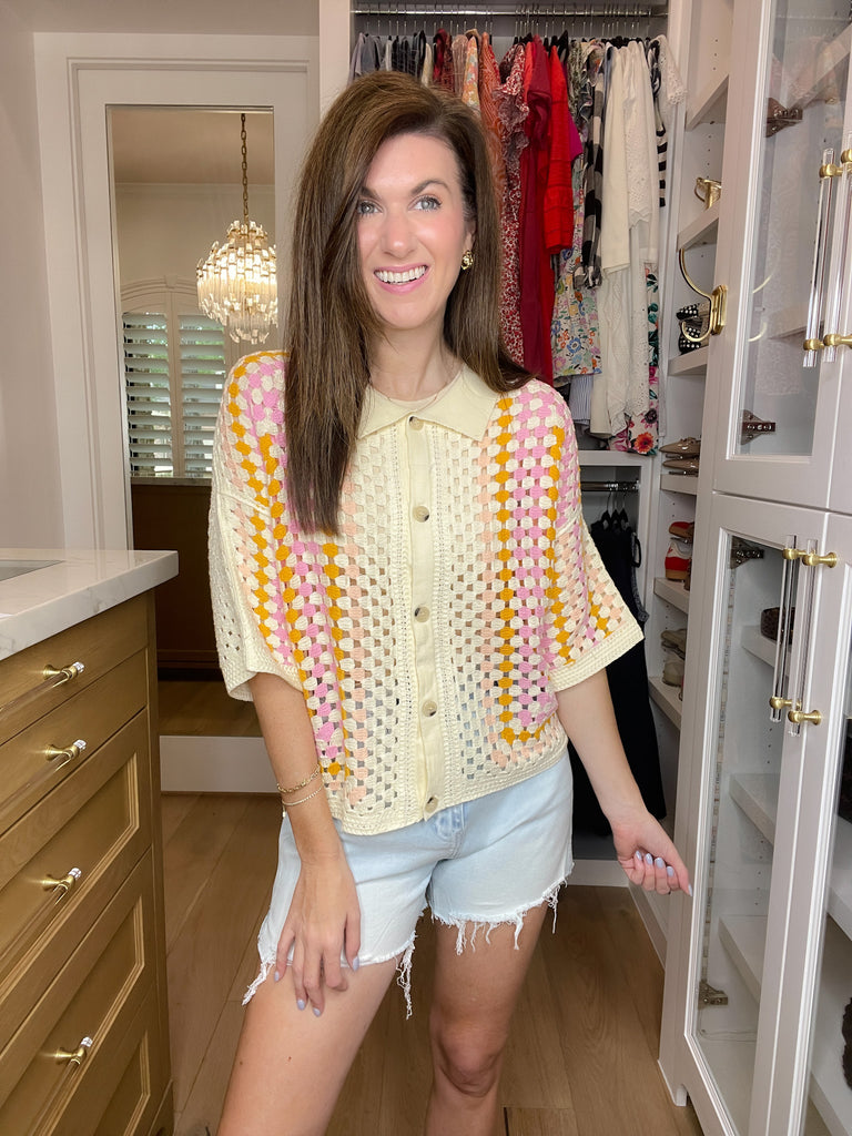 Summer Squares Crochet Button Down Shirt