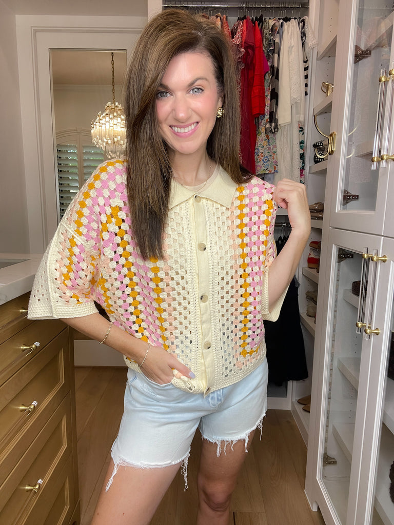 Summer Squares Crochet Button Down Shirt