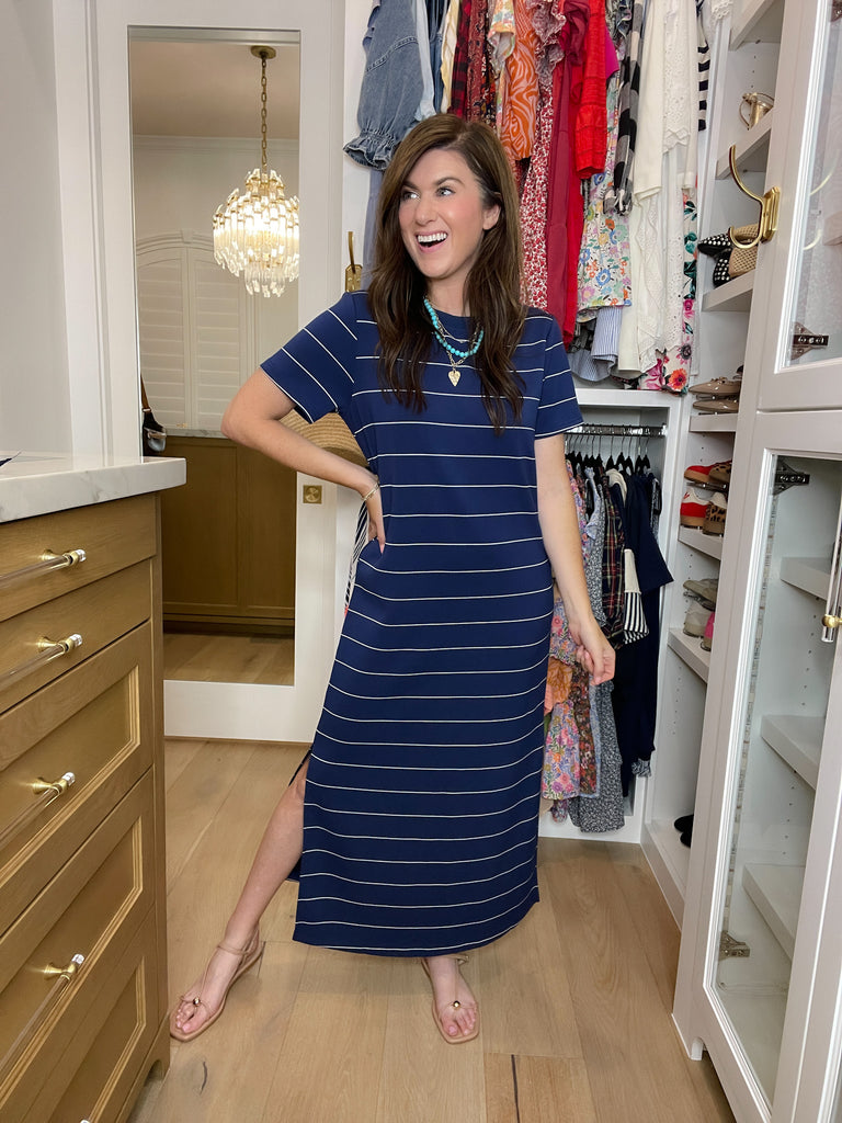 Between the Lines Maxi Dress in Navy/White