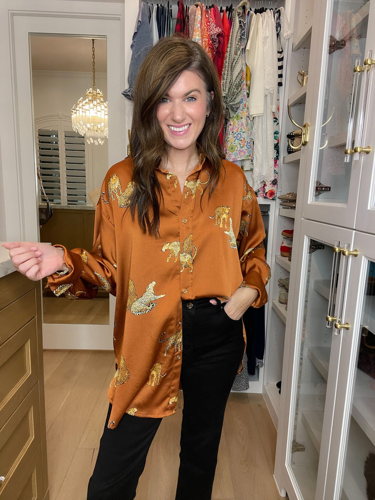 Golden Hour Cheetah Button Down in Rust