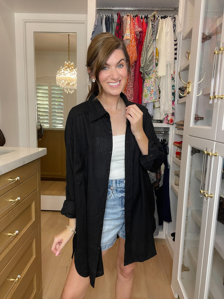 Mono B Isle of Palm Linen Button Down in Black