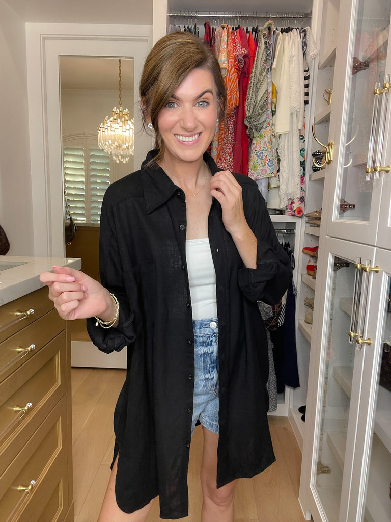 Mono B Isle of Palm Linen Button Down in Black