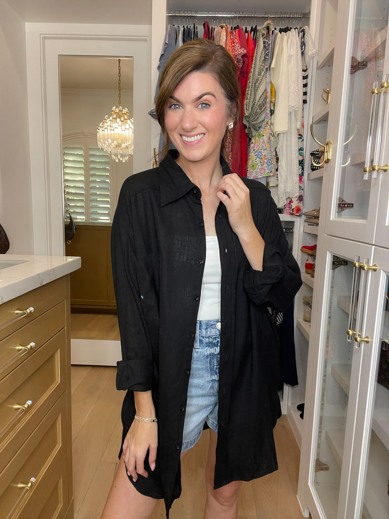 Mono B Isle of Palm Linen Button Down in Black