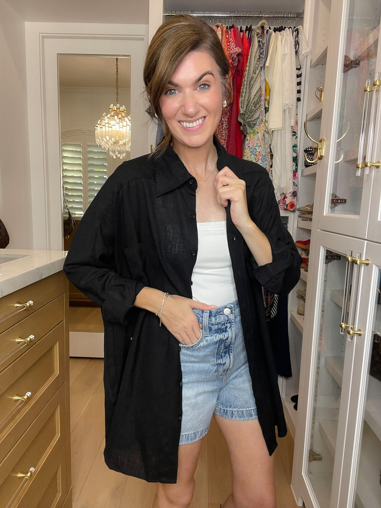 Mono B Isle of Palm Linen Button Down in Black