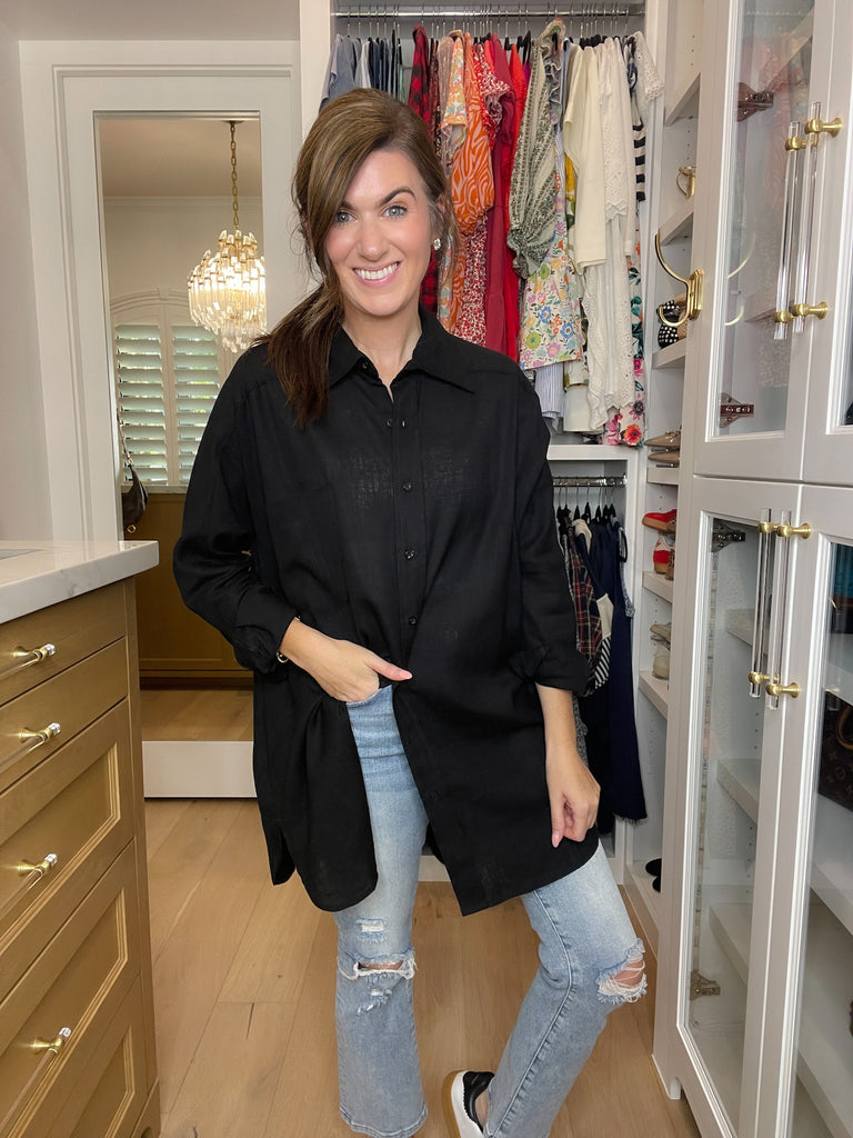 Mono B Isle of Palm Linen Button Down in Black