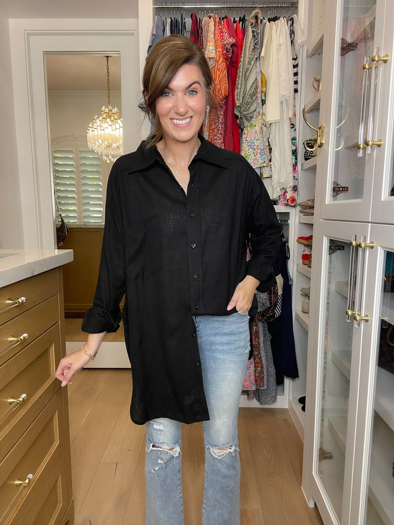 Mono B Isle of Palm Linen Button Down in Black