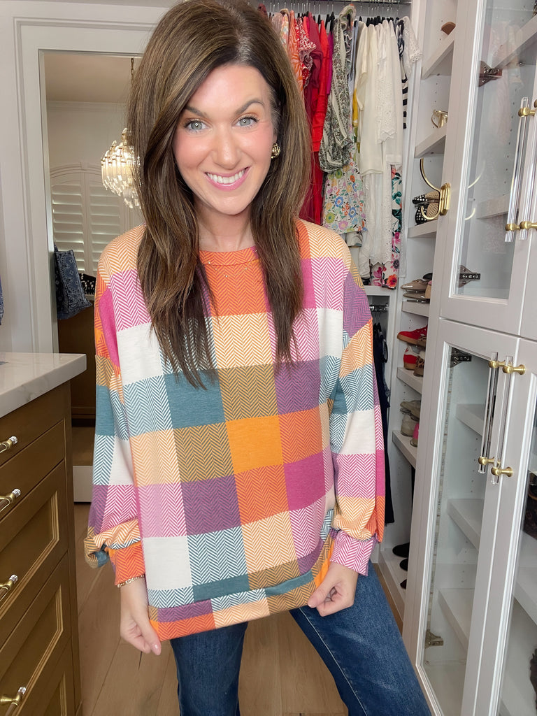 Main Character Plaid Tunic in Berry/Honey/Hunter Green