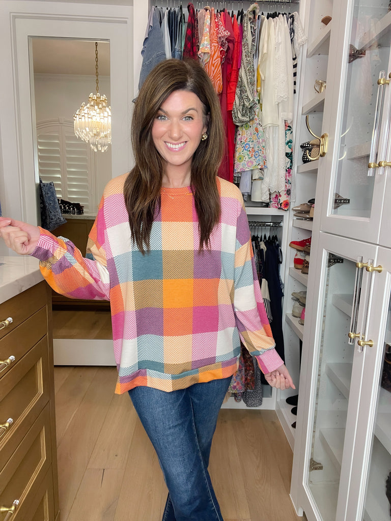 Main Character Plaid Tunic in Berry/Honey/Hunter Green