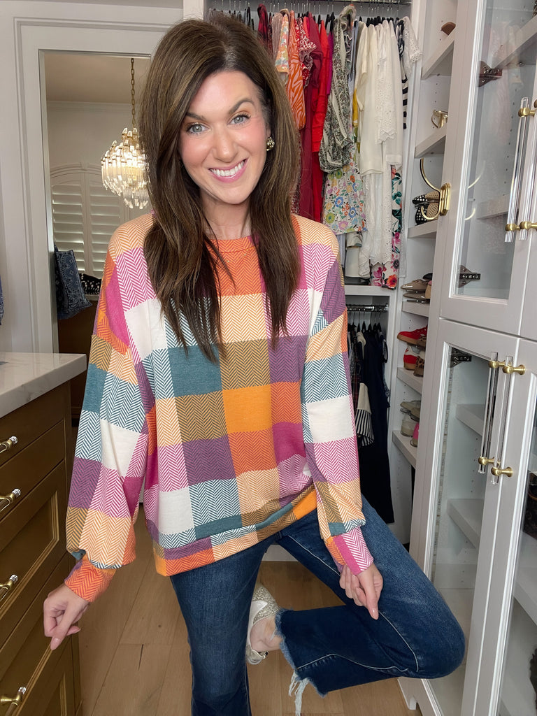 Main Character Plaid Tunic in Berry/Honey/Hunter Green