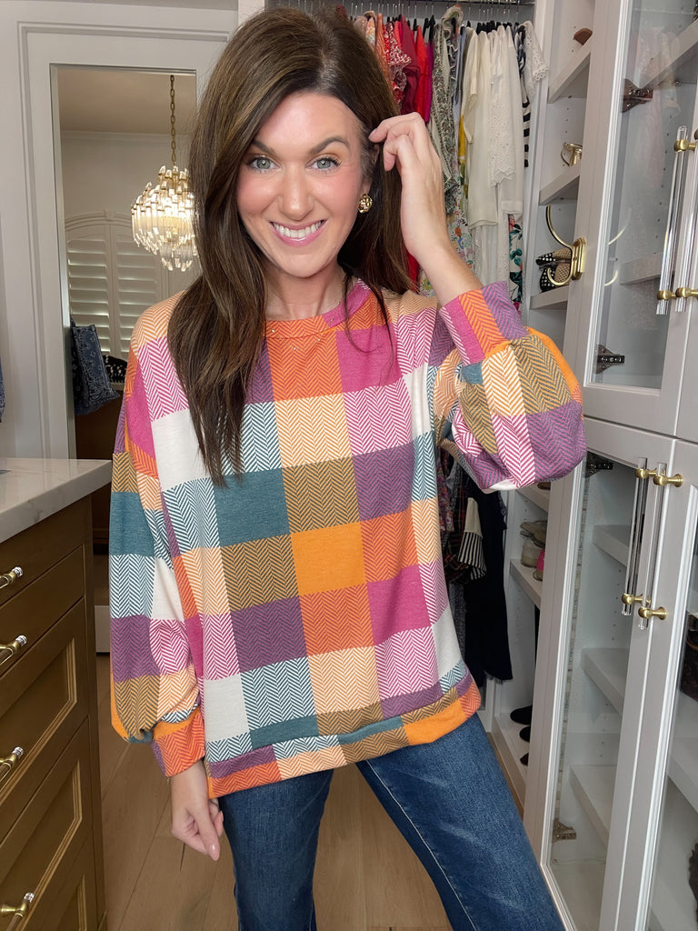 Main Character Plaid Tunic in Berry/Honey/Hunter Green